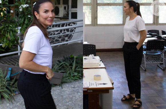 Ivete Sangalo aposta no combo básico para votar: camiseta branca, calça e chinelos