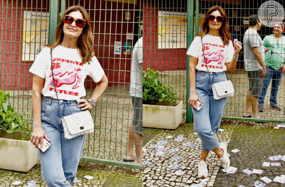 Fátima Bernardes: camiseta, calça jeans e tênis para votar