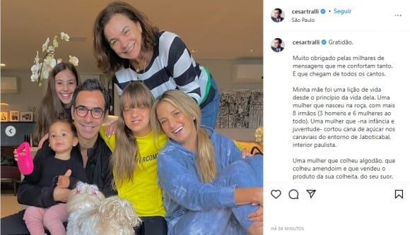 Cesar Tralli agradeceu aos seguidores em post em homenagem à mãe