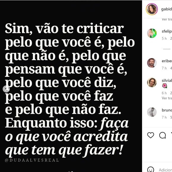 Post de Gabriela Duarte foi acompanhado de uma reflexão sobre críticas