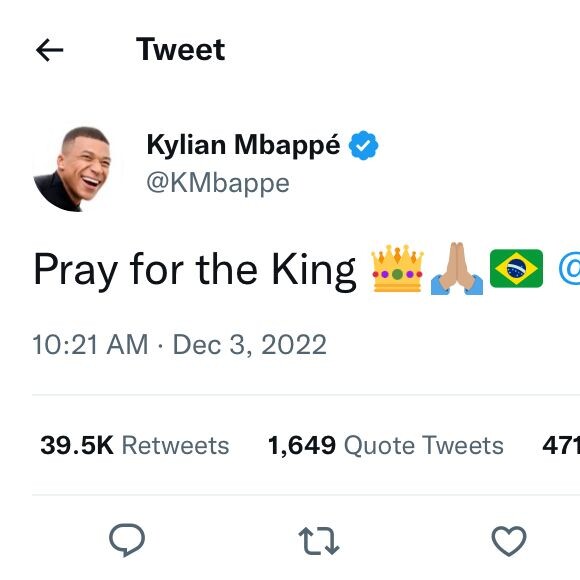 Pelé recebe pedido de oração do jogador francês Mbappé