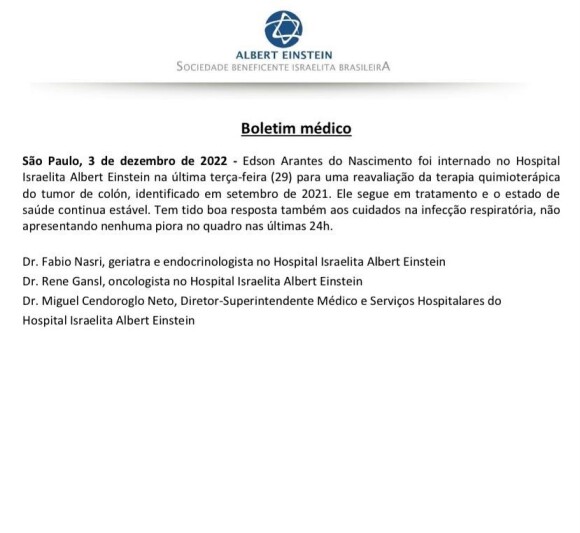Estado de saúde de Pelé é estável, diz boletim médico