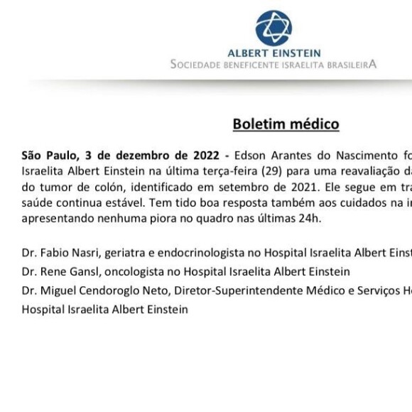 Estado de saúde de Pelé é estável, diz boletim médico