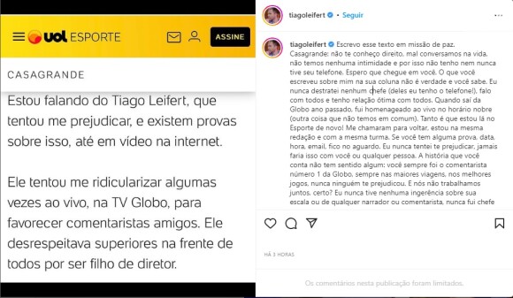 Tiago Leifert rebateu Casagrande com um post no Instagram
