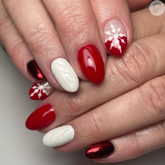 Unhas decoradas com esmalte vermelho, branco e metalizado: essa nail art vai agradar quem ama um visual moderno