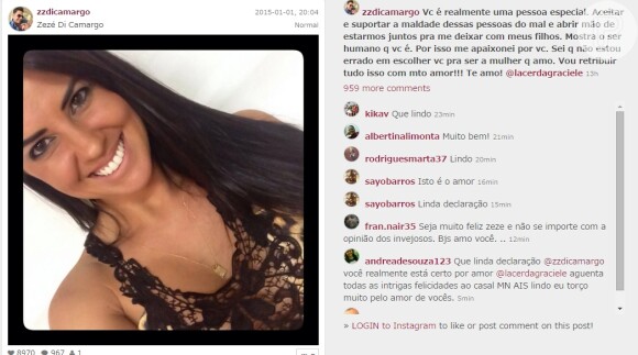 Zezé Di Camargo posta foto de Graciele Lacerda no Instagram e agradece pela namorada tê-lo deixado passar Ano Novo com Zilu e famíia: 'Pessoa especial. Por isso me apaixonei por você'