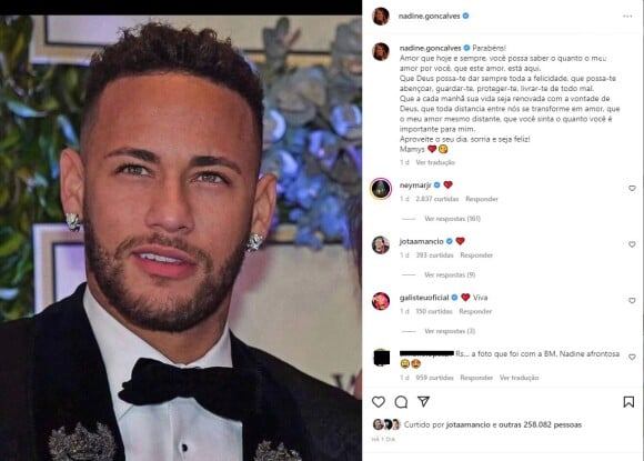 Nadine parabenizou Neymar com uma foto onde o jogador está ao lado da ex Bruna Marquezine