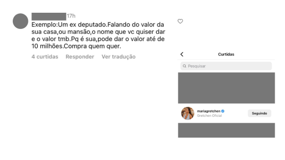 Gretchen curtiu um comentário de uma internauta que alfinetava o ex-deputado federal Wladimir Costa