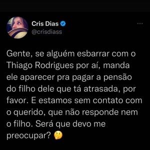 Cris Dias usou sua rede social para comprar o ex Thiago Rodrigues após atraso no pagamento da pensão ao filho, Gabriel