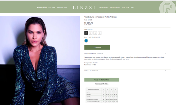 Look de Andressa Suita está disponível no site oficial da Linzzi por R$ 689,90. O valor pode ser parcelado em 5x sem juros