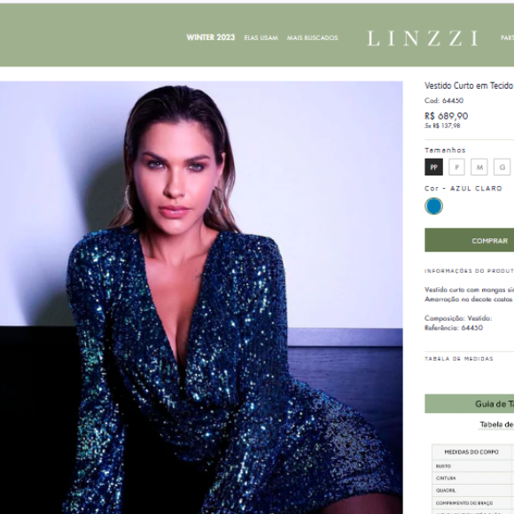 Look de Andressa Suita está disponível no site oficial da Linzzi por R$ 689,90. O valor pode ser parcelado em 5x sem juros