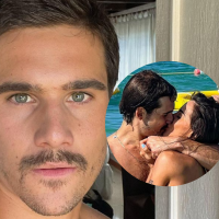 De sunga branca, Nicolas Prattes dá beijão em namorada e web nota detalhe: 'Pelo desenho é cabeçuda'