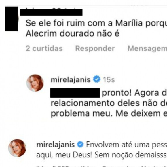 Mirela Janis rebateu na web os comentários sobre Yugnir e Marília Mendonça