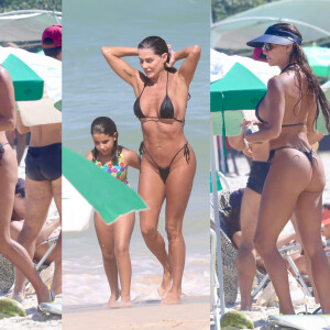 Fotos: de biquíni preto PP, Deborah Secco valoriza corpo bronzeado em look fio-dental com marido e filha na praia