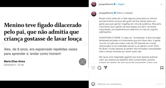 João Guilherme criticou o tipo de 'piada' feita por Nego Di