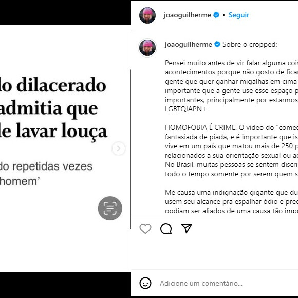 João Guilherme criticou o tipo de 'piada' feita por Nego Di