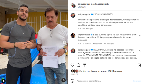 Após a notícia de que Mara Maravilha faria uma medida protetiva contra Carlinhos Aguiar e Caique, os dois se pronunciaram no Instagram.