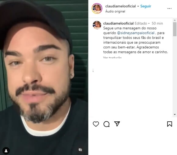 Relato de Sidney Sampaio foi publicado no Instagram de sua assessoria
