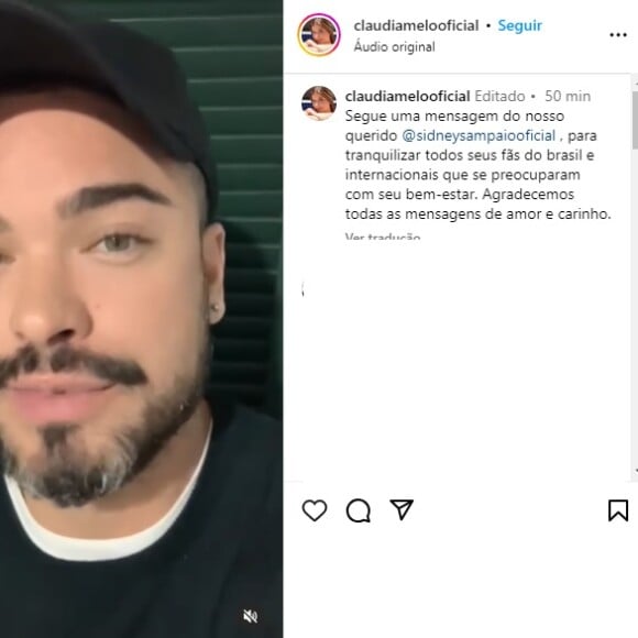 Relato de Sidney Sampaio foi publicado no Instagram de sua assessoria