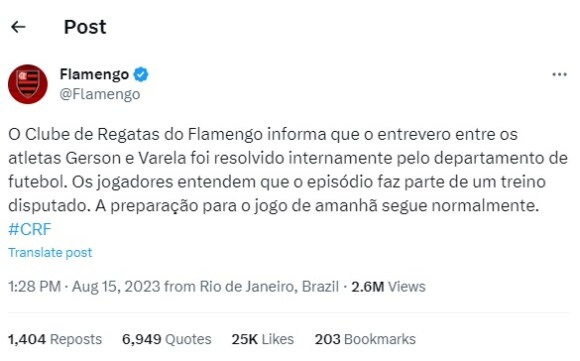 Tom adotado por Flamengo após confusão não agradou os torcedores