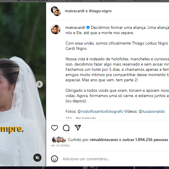 Maíra Cardi fez declaração emocionante durante o casamento com Thiago Nigro