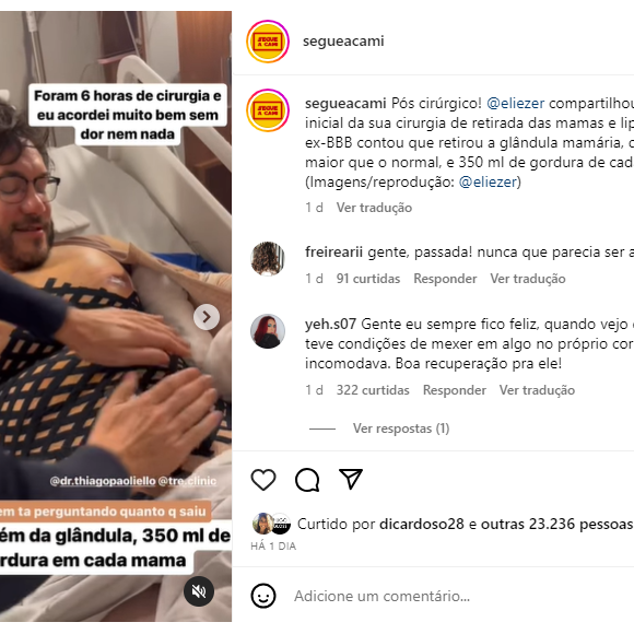 Eliezer mostrou o pós operatório e revelou que foi tirada de cada mama: 350 ml de gordura