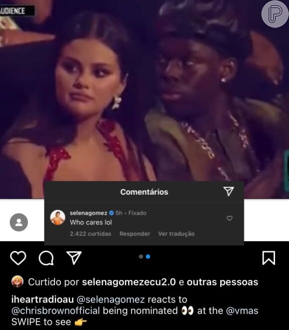 Selena Gomez reagiu a sua reação após nomeação de Chris Brown no VMA 2023