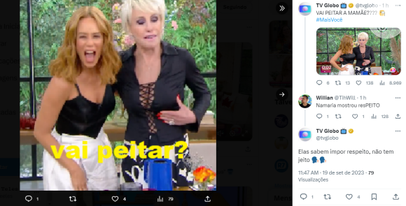 Meme 'vai peitar?' foi atualizado pelo social media da TV Globo após o encontro entre Mariana Ximenes e Ana Maria Braga