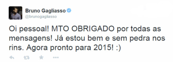 Bruno Gagliasso usou a sua conta do Twitter para agradecer as mensagens de carinho dos fãs durante a sua internação