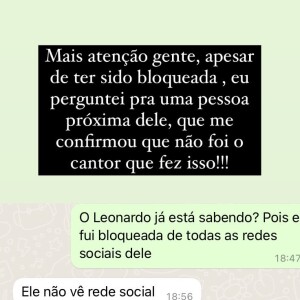 Suposta filha de Leonardo fez questão de mostrar que não foi o cantor quem a bloqueou