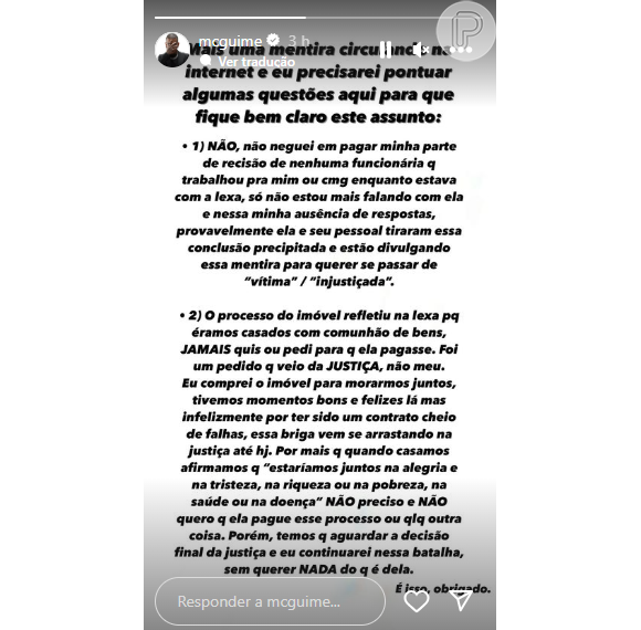 MC Guimê rebateu a notícia de que ele teria se recusado a pagar sua dívida e ter deixado apenas para Lexa