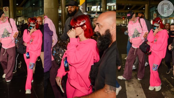Megan Fox combina look cor de rosa com namorado, Machine Gun Kelly, e 'esbanja' simpatia ao chegar ao Brasil