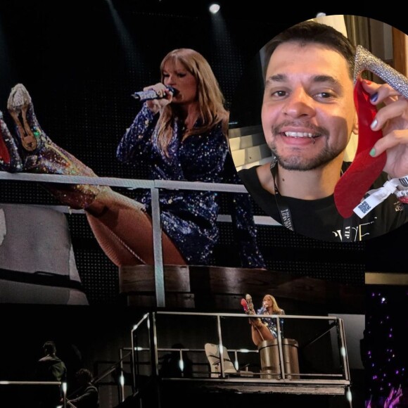 Salto de Taylor Swift cai em show no Rio; fã brasileiro que ficou com o 'mimo' inusitado revela: 'Ela jogou nas minhas mãos'