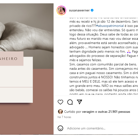 Susana Werner solta indireta para lá de reta para Júlio Cesar no Instagram: 'Sim, casamos com comunhão parcial de bens. Não ele não tinha nada antes do casamento'