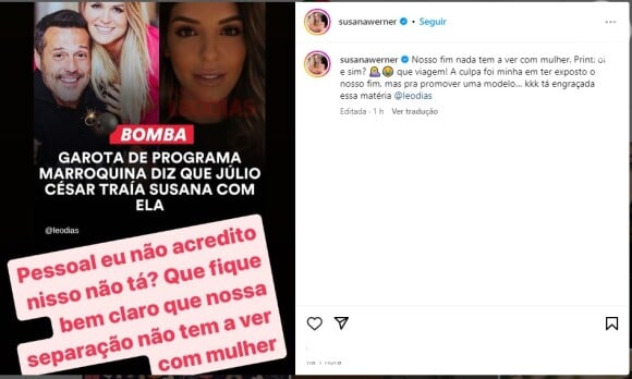 Susana Werner negoua traição de Julio Cesar