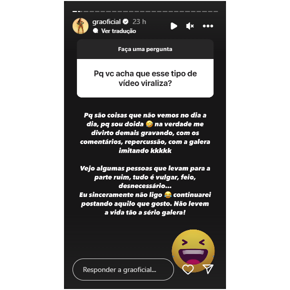 Gracyanne Barbosa responde na lata haters que falaram de seu vídeo que viralizou: 'Sinceramente não ligo'