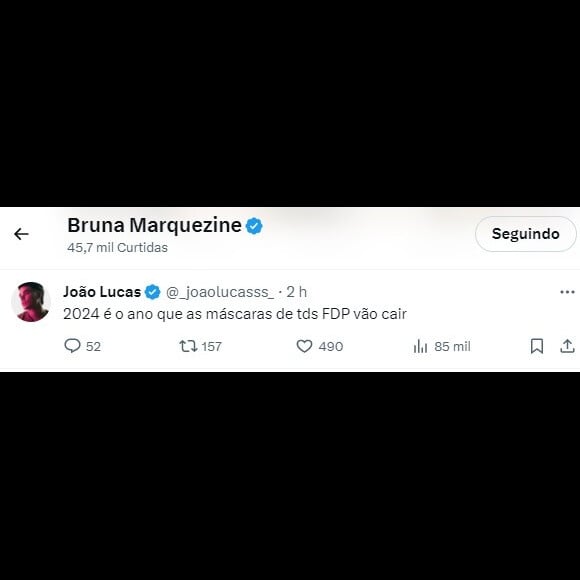 Bruna Marquezine curtiu a publicação de João Lucas com a suposta indireta para Enzo Celulari