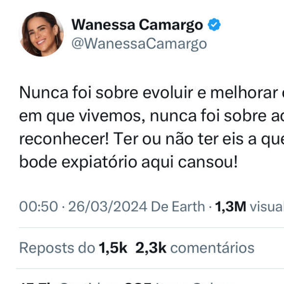 Wanessa: 'Nunca foi sobre evoluir e melhorar o mundo em que vivemos, nunca foi sobre acolher e reconhecer! Ter ou não ter eis a questão! O bode expiatório aqui cansou!'