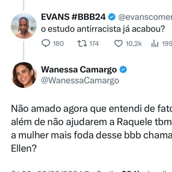 Wanessa rebateu acusações de racismo: 'Agora que entendi de fato! Ou vocês além de não ajudarem a Raquele também vão tirar a Leidy Ellen [sic]?'