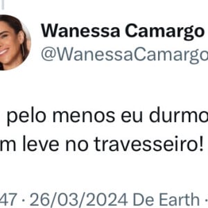 Wanessa Camargo também rebateu a página Choquei, que disse que ela havia se descontrolado: 'Durmo com a cabecinha bem leve no travesseiro! Já vocês...'