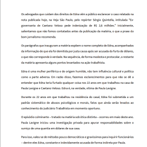 Confira a nota da defesa de Edna, ex-funcionária de Caetano Veloso e Paula Lavigne (Parte 1)