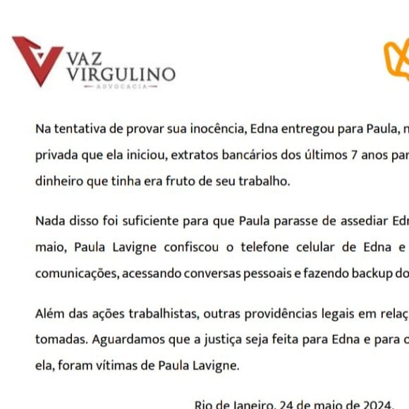 Parte 2 da nota da defesa de Edna, ex-funcionária de Caetano Veloso e Paula Lavigne