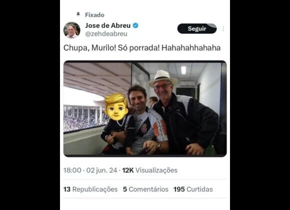 José de Abreu alfineta Murilo Rosa por derrota do Vasco com foto do ator ao lado do pai morto e do filho menor de idade