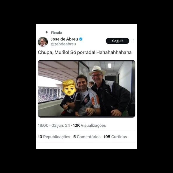 José de Abreu alfineta Murilo Rosa por derrota do Vasco com foto do ator ao lado do pai morto e do filho menor de idade