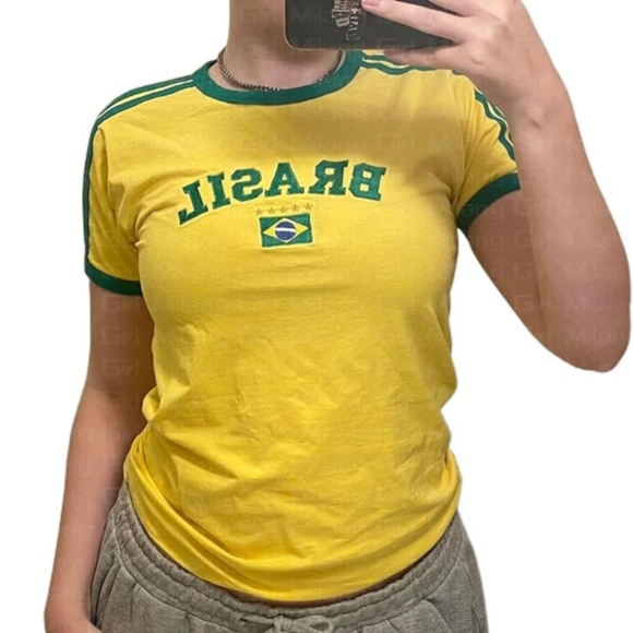 Camiseta estampada Brasil Y2k Top Cropped, MANGMAO