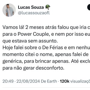 Lucas Souza rebateu: 'Em nenhum momento citei o nome, apenas falei de maneira genérica, para brincar apenas. Até exclui o post para não gerar desconforto'