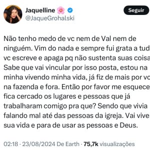 Jaquelline x Lucas Souza: 'Fica cercando os lugares e pessoas que já trabalharam comigo pra quê? Sendo que vivia falando mal até das pessoas da igreja. Vai viver sua vida'