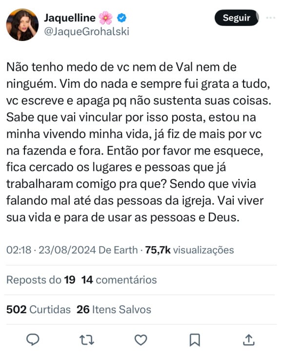 Jaquelline x Lucas Souza: 'Fica cercando os lugares e pessoas que já trabalharam comigo pra quê? Sendo que vivia falando mal até das pessoas da igreja. Vai viver sua vida'