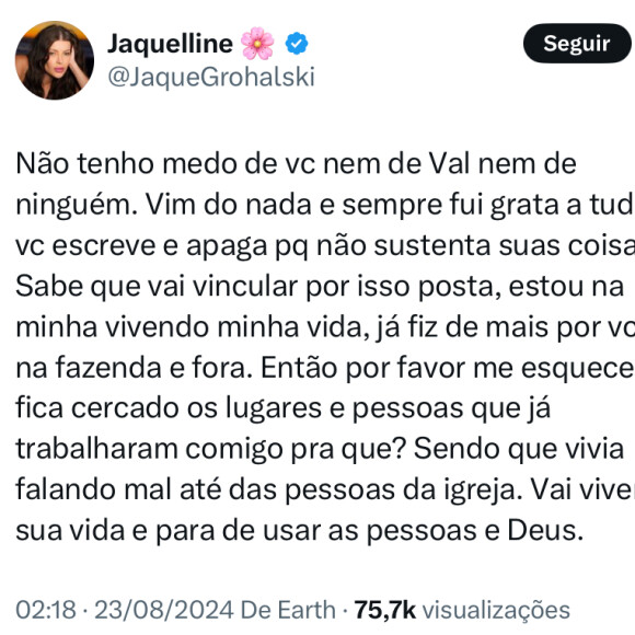 Jaquelline x Lucas Souza: 'Fica cercando os lugares e pessoas que já trabalharam comigo pra quê? Sendo que vivia falando mal até das pessoas da igreja. Vai viver sua vida'