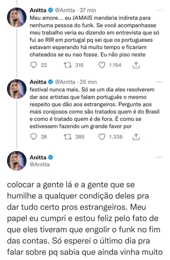 Um dia após o fim do Rock in Rio, Anitta usou as redes sociais para falar sobre o festival